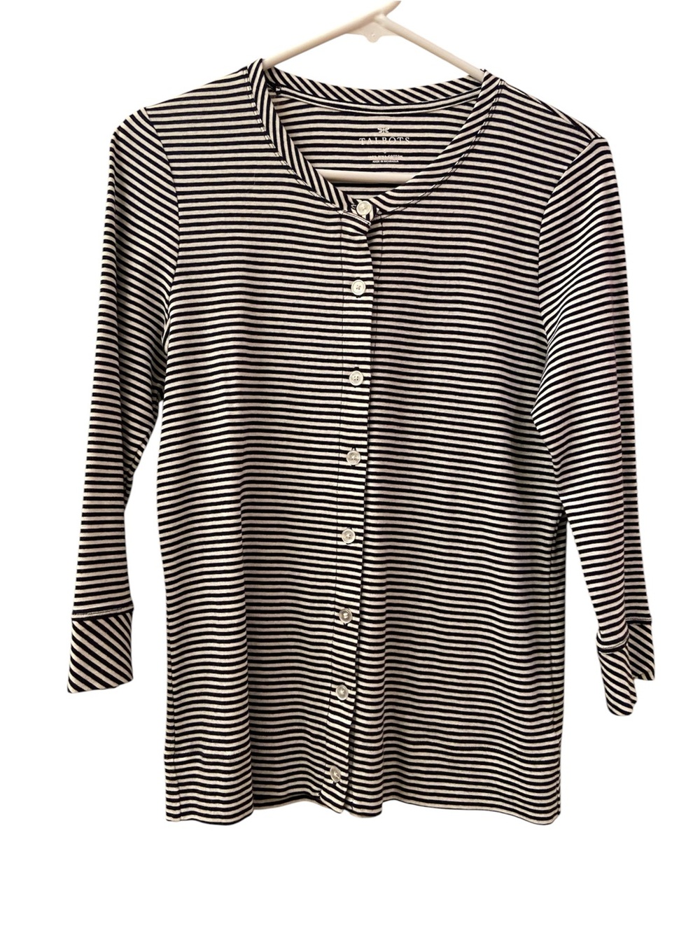 Talbots Stripe Cardigan Black White 3/4 Sleeves Lightweight Button Down WM SZ S
